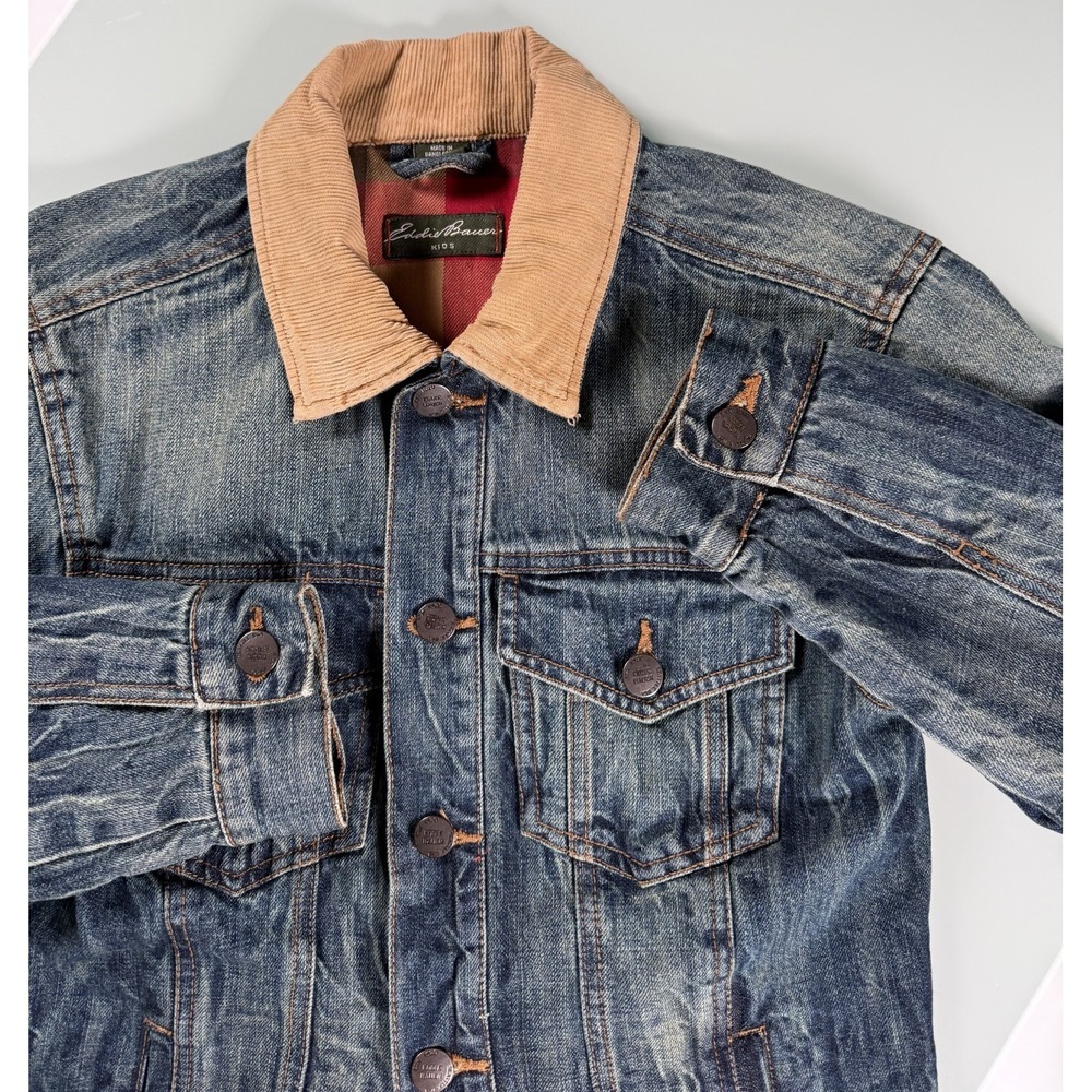 Eddie Bauer Denim w/ Corduroy Collar Boys Jacket w/ Plaid Blanket Lining - Large